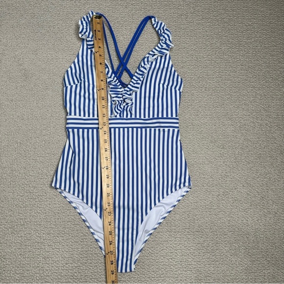 Cupshe Blue and White Striped One Piece Swimsuit with Ruffled V-Neck Size L - Picture 3 of 5